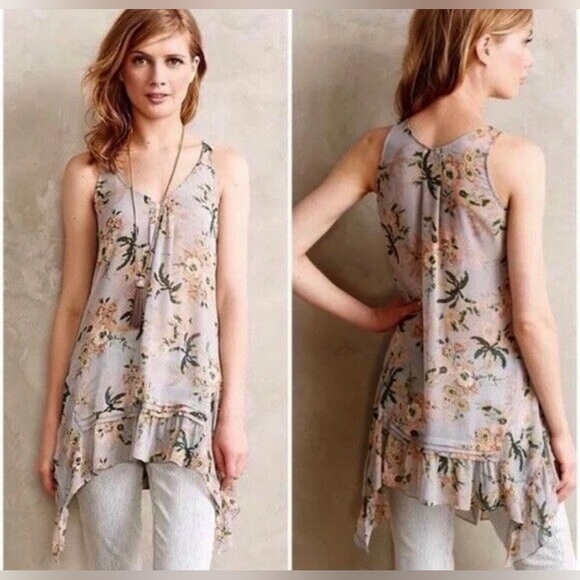 MAEVE ANTHROPOLOGIE MAGDA Blouse Sz. XS Sleeveless Floral Asymmetrical Ruffles. - Picture 2 of 12